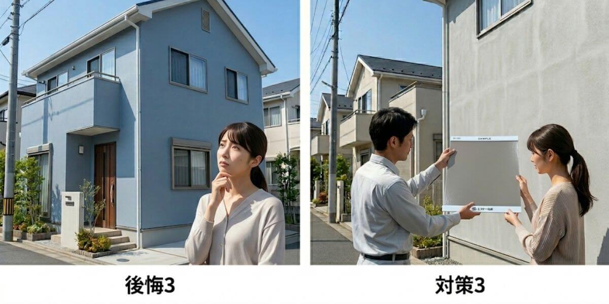 太陽光の下で色見本板を確認している様子