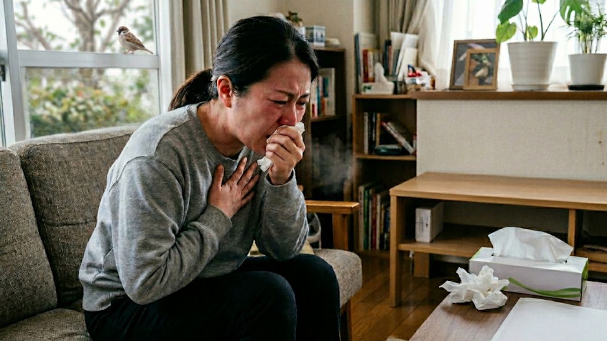 鳥のフンによるアレルギー症状に苦しむ女性