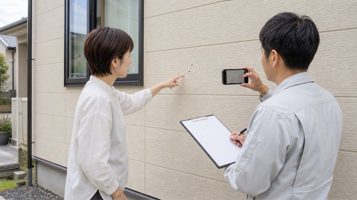 塗装業者と外壁を確認する様子