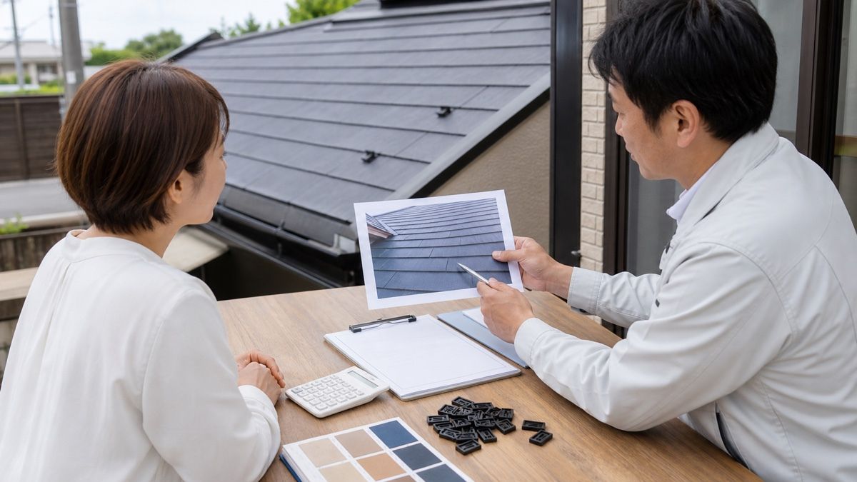 スレート屋根の状態の説明を受ける様子