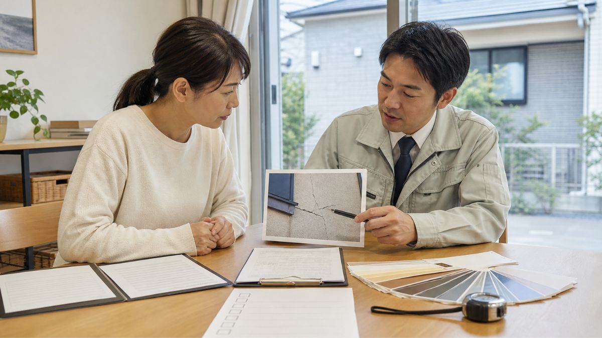 外壁の損傷箇所の説明を受ける様子